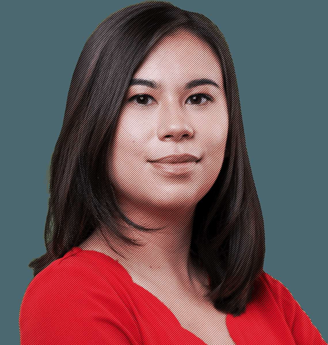 A headshot of a woman with light skin and long, dark hair wearing a bright red blouse.