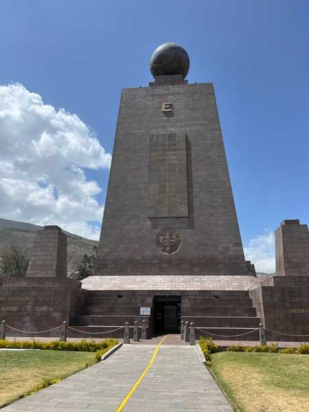 Although the actual equator is 100 yards to the north, this monument outside Quito, Ecuador, commemorates the equatorial line as surveyed by the French Geodesic Mission in the late 1700s.  The location is known as Mitad del Mundo (Middle of the World).